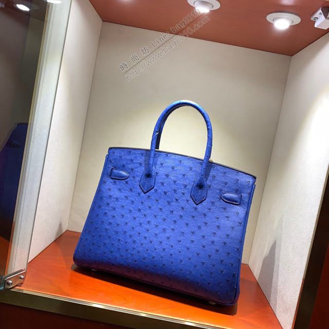 Hermes女包 愛馬仕Birkin30cm Hermes鉑金包 Ostrich鴕鳥皮 全手縫蠟線 7T Blue Htdra電光藍銀扣  am1899